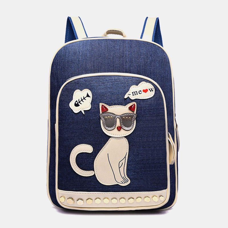 Damen Canvas Cute Cat Print Patchwork Lässiger Rucksack Schultasche