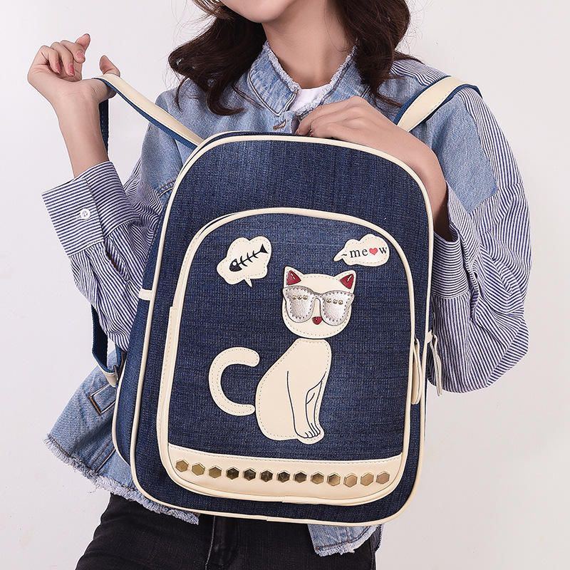 Damen Canvas Cute Cat Print Patchwork Lässiger Rucksack Schultasche