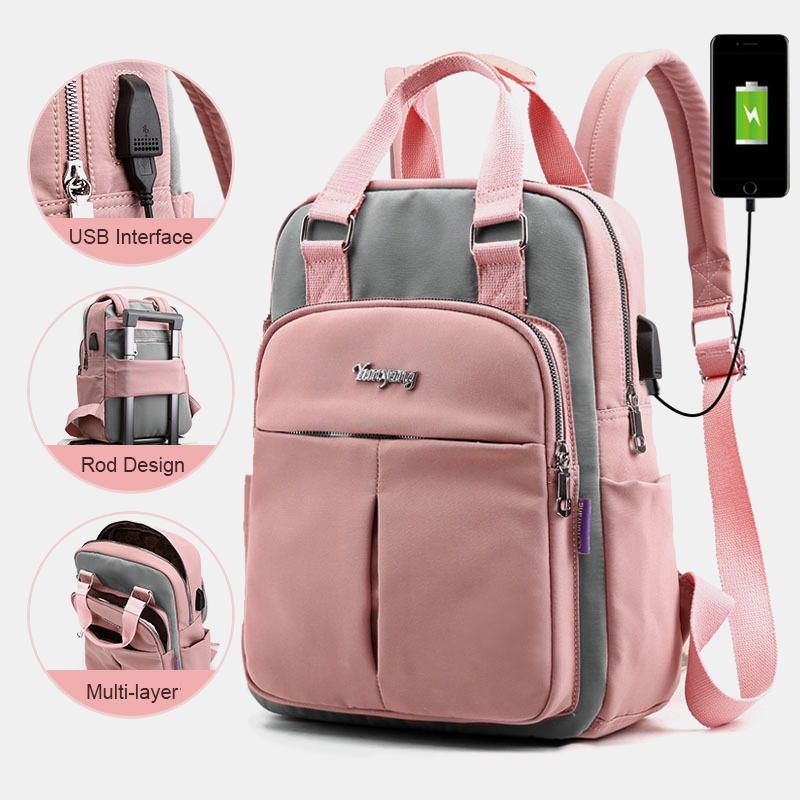 Damen Leinwand Multifunktions Wasserdichter Lässiger Patchwork Rucksack Mit Usb Ladeanschluss