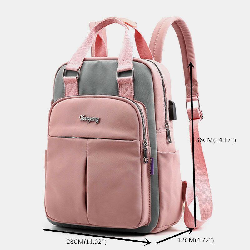 Damen Leinwand Multifunktions Wasserdichter Lässiger Patchwork Rucksack Mit Usb Ladeanschluss