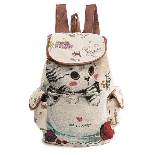 Damen Canvas Casual Cartoon Katze Muster Schultasche Rucksack Umhängetaschen Student Taschen