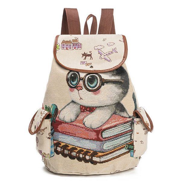 Damen Canvas Casual Cartoon Katze Muster Schultasche Rucksack Umhängetaschen Student Taschen