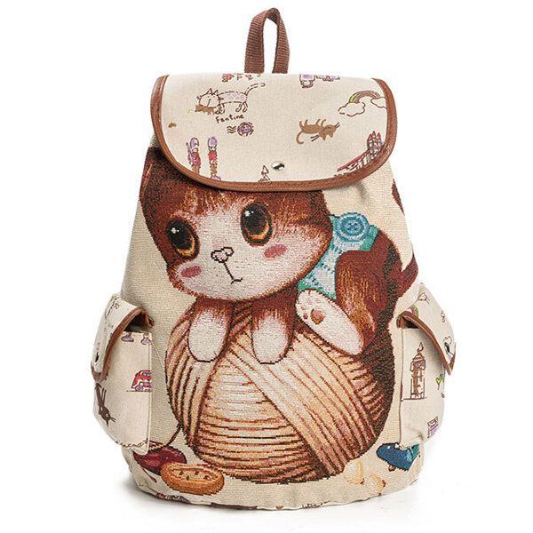 Damen Canvas Casual Cartoon Katze Muster Schultasche Rucksack Umhängetaschen Student Taschen