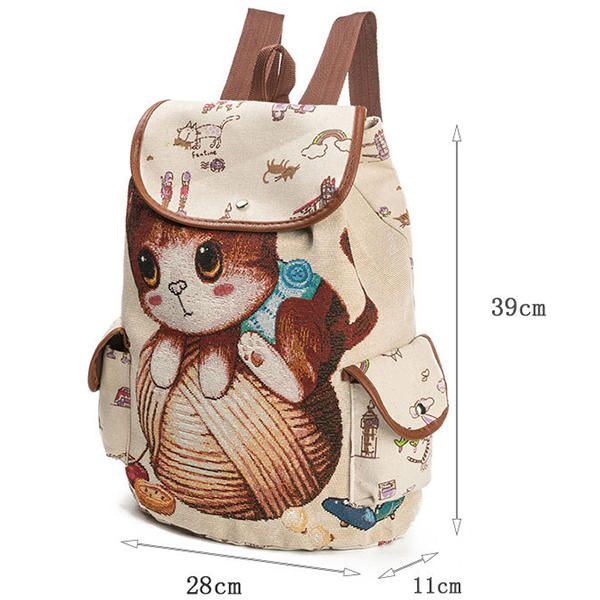 Damen Canvas Casual Cartoon Katze Muster Schultasche Rucksack Umhängetaschen Student Taschen