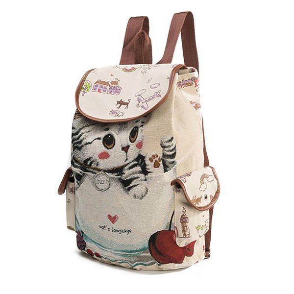 Damen Canvas Casual Cartoon Katze Muster Schultasche Rucksack Umhängetaschen Student Taschen