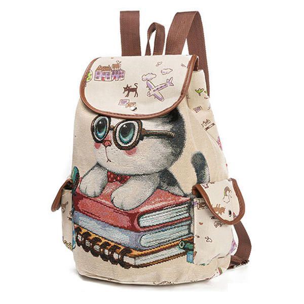 Damen Canvas Casual Cartoon Katze Muster Schultasche Rucksack Umhängetaschen Student Taschen