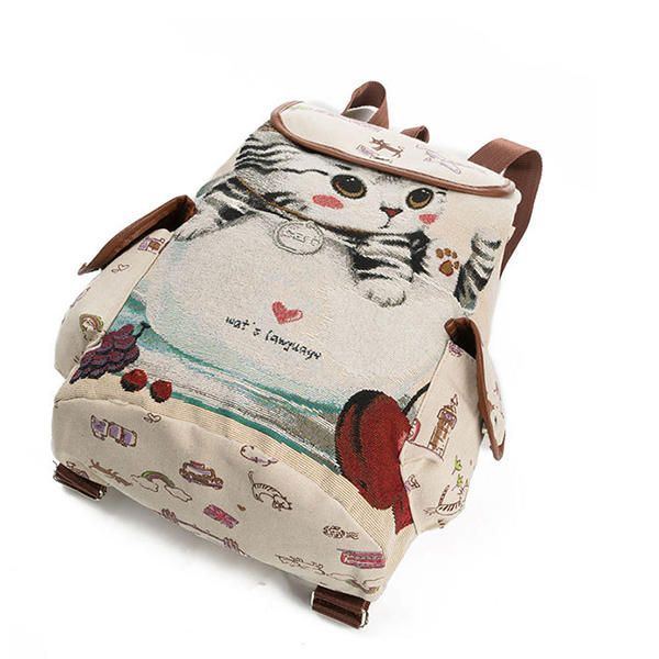 Damen Canvas Casual Cartoon Katze Muster Schultasche Rucksack Umhängetaschen Student Taschen