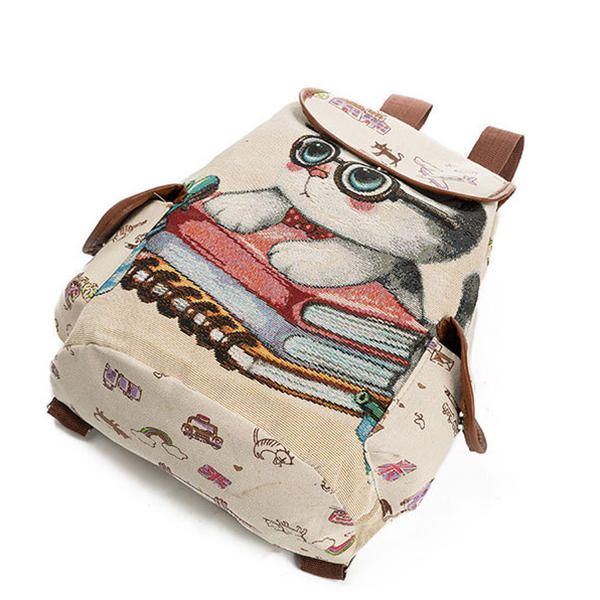 Damen Canvas Casual Cartoon Katze Muster Schultasche Rucksack Umhängetaschen Student Taschen