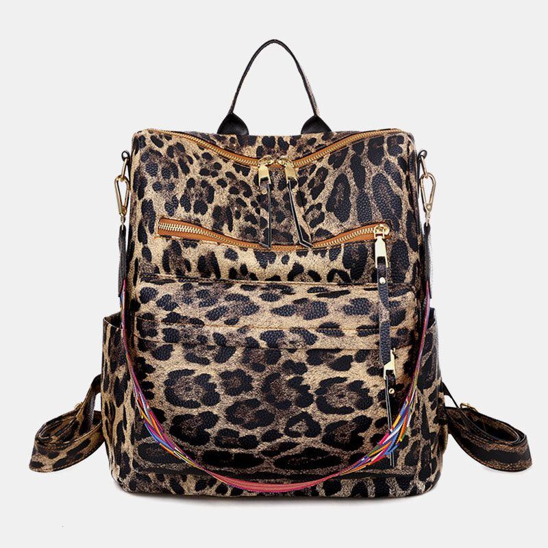 Damen Kunstleder Leopard Und Blumen Muster Mode Beiläufiger Rucksack