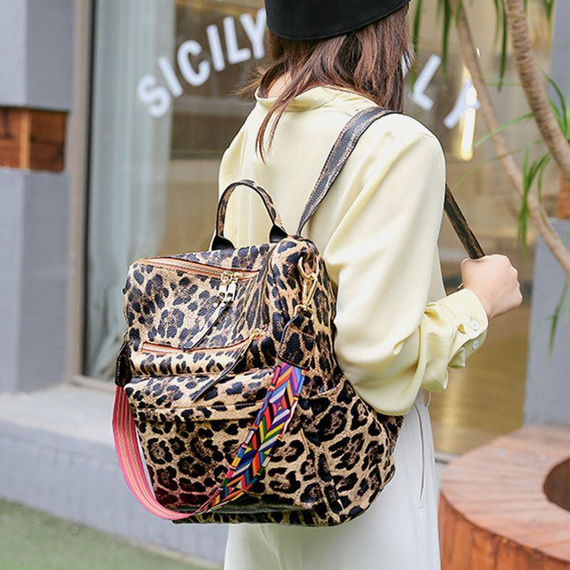 Damen Kunstleder Leopard Und Blumen Muster Mode Beiläufiger Rucksack