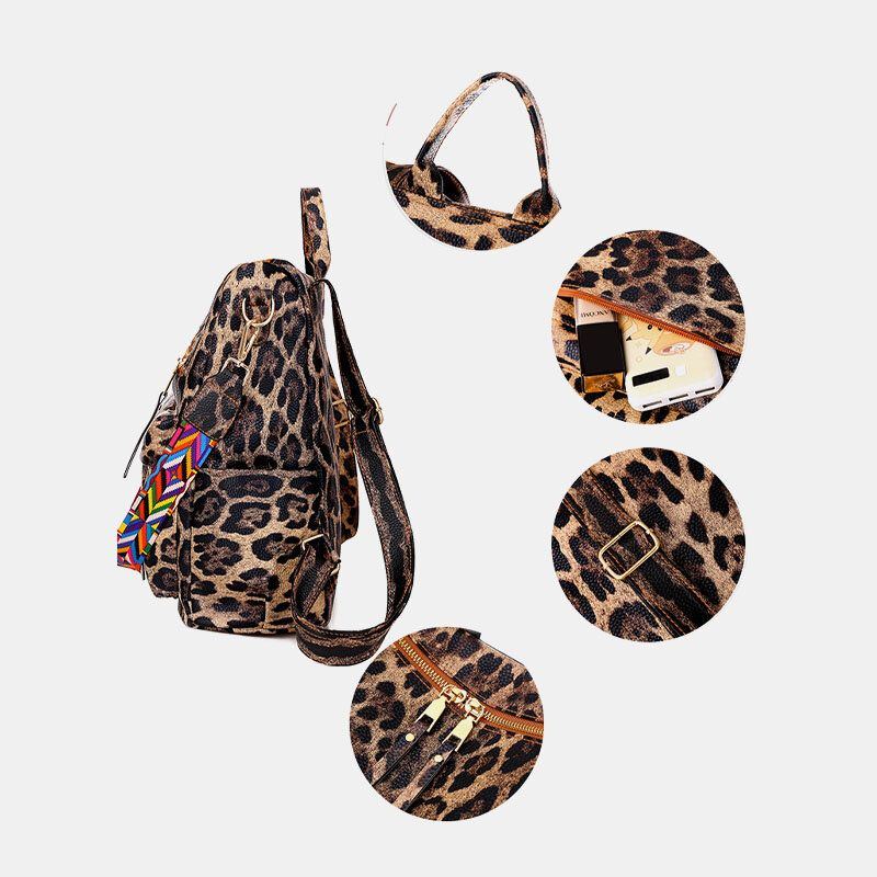 Damen Kunstleder Leopard Und Blumen Muster Mode Beiläufiger Rucksack