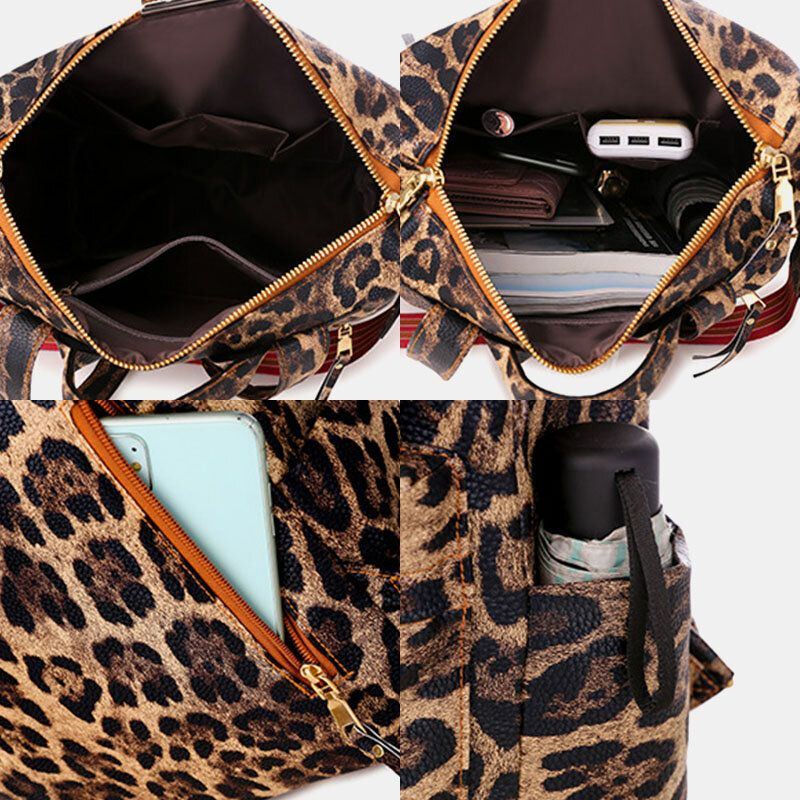 Damen Kunstleder Leopard Und Blumen Muster Mode Beiläufiger Rucksack