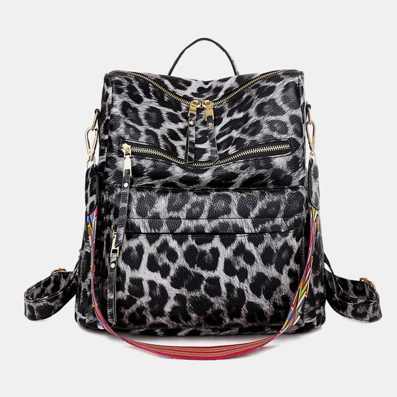 Damen Kunstleder Leopard Und Blumen Muster Mode Beiläufiger Rucksack