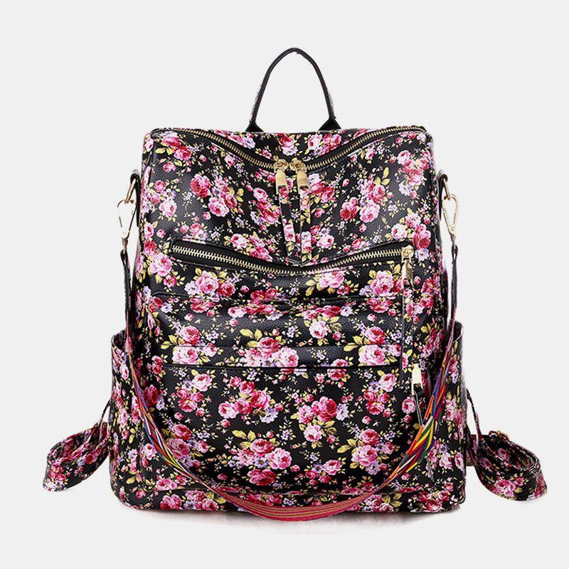 Damen Kunstleder Leopard Und Blumen Muster Mode Beiläufiger Rucksack