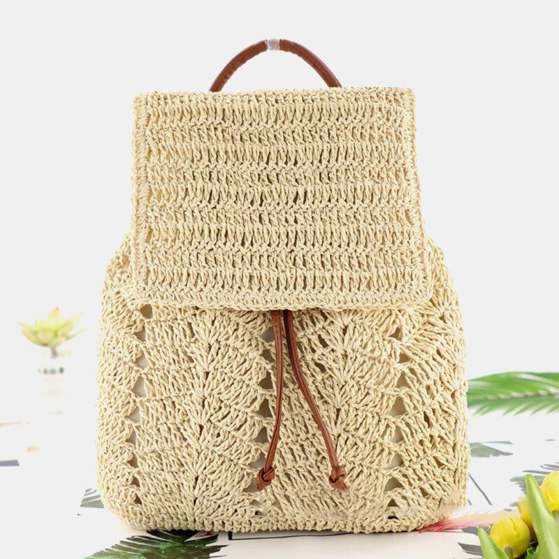 Damen Mori Series String Straw Bag Dual Use Woven Bag Retro Beach Bag Rucksack