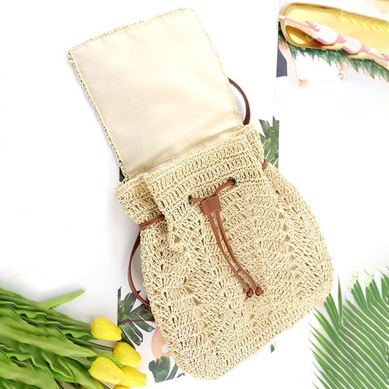 Damen Mori Series String Straw Bag Dual Use Woven Bag Retro Beach Bag Rucksack