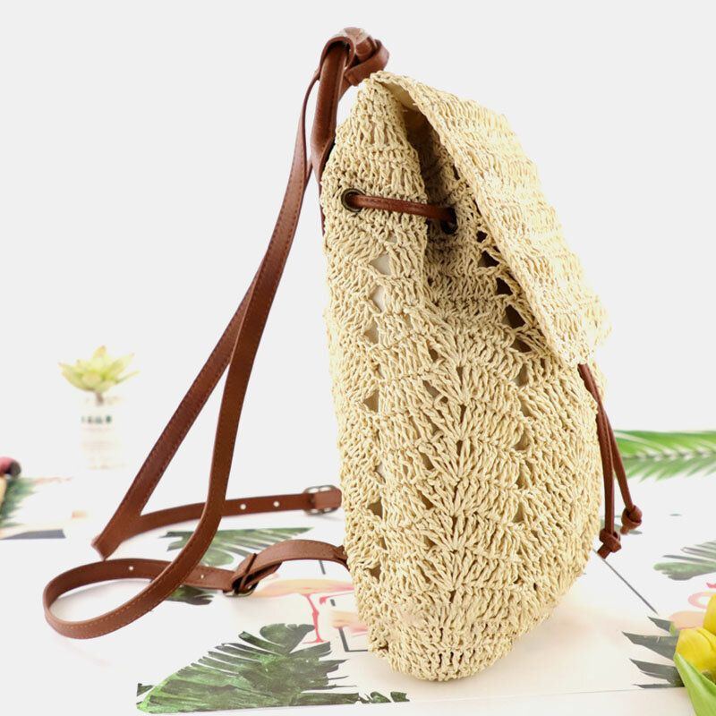 Damen Mori Series String Straw Bag Dual Use Woven Bag Retro Beach Bag Rucksack