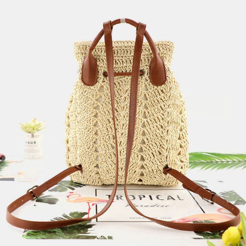 Damen Mori Series String Straw Bag Dual Use Woven Bag Retro Beach Bag Rucksack