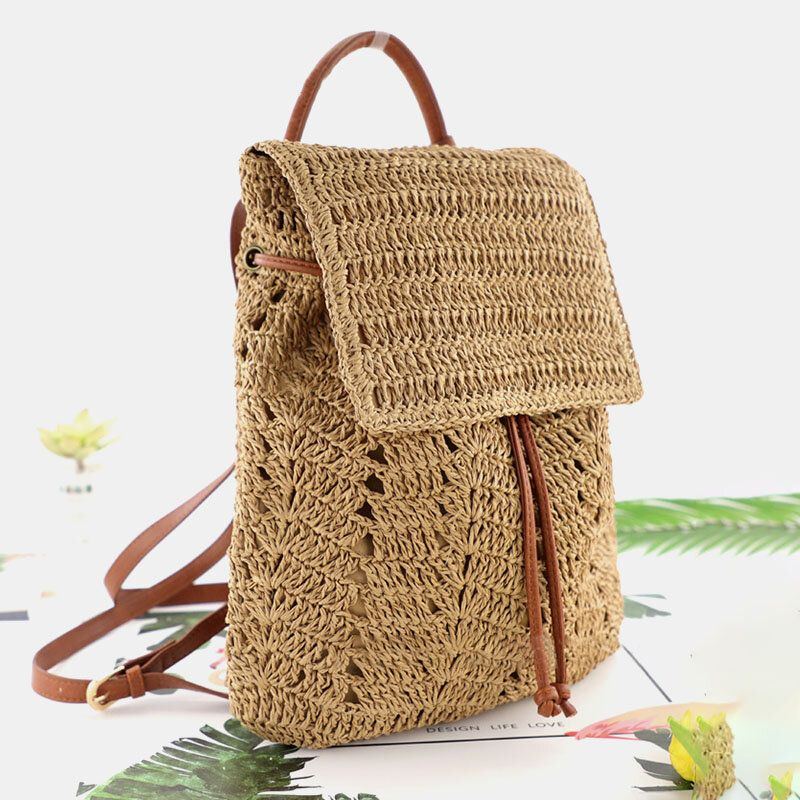 Damen Mori Series String Straw Bag Dual Use Woven Bag Retro Beach Bag Rucksack