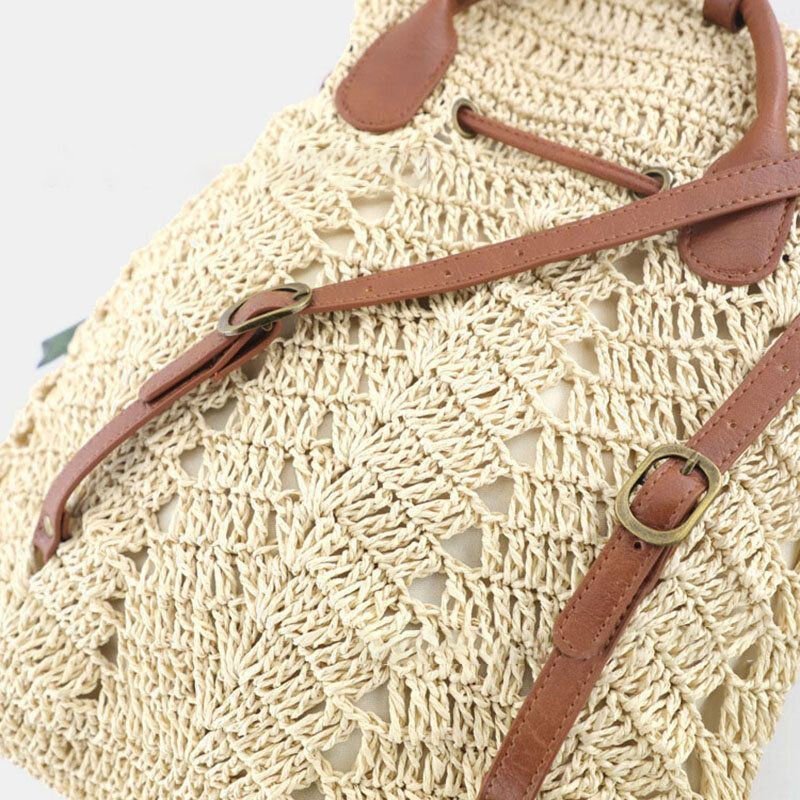 Damen Mori Series String Straw Bag Dual Use Woven Bag Retro Beach Bag Rucksack