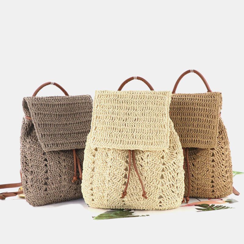 Damen Mori Series String Straw Bag Dual Use Woven Bag Retro Beach Bag Rucksack