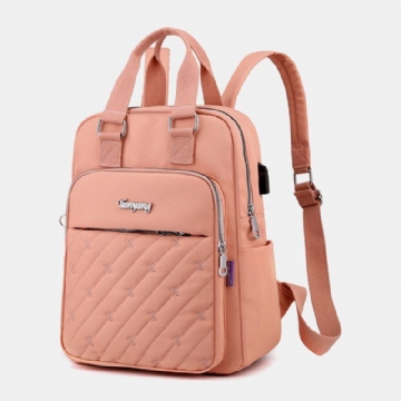 Damen Nylon Brief Stickmuster Usb Laderucksack Mit Großer Kapazität Computertasche