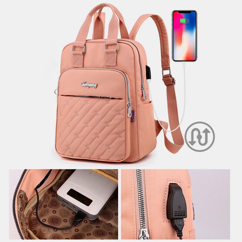 Damen Nylon Brief Stickmuster Usb Laderucksack Mit Großer Kapazität Computertasche