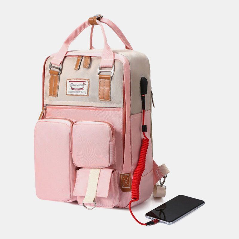 Damen Nylon Usb Aufladung Multi Pocket Rucksack Mit Großer Kapazität Lässige Einfache Wasserdichte 14 Zoll Laptoptasche