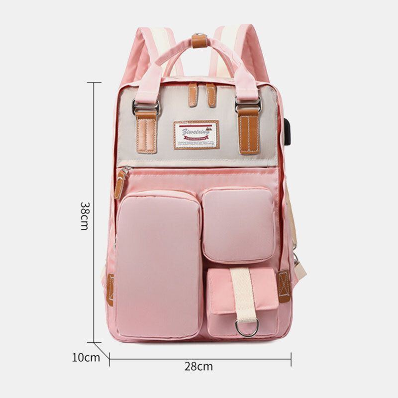 Damen Nylon Usb Aufladung Multi Pocket Rucksack Mit Großer Kapazität Lässige Einfache Wasserdichte 14 Zoll Laptoptasche