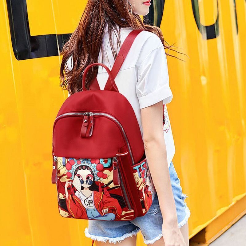 Damen Oxford Cartoon Peking Oper Charaktere Bedruckter Rucksack Große Kapazität Umhängetasche Mit Mehreren Taschen