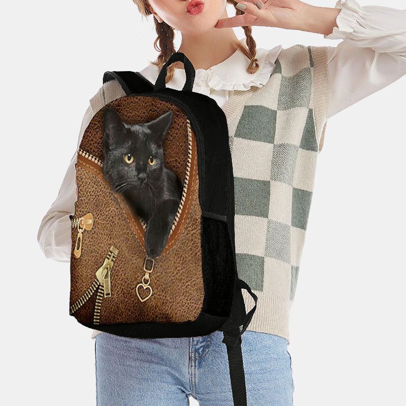 Damen Oxford Patchwork Große Kapazität Cartoon Katze Reißverschluss Muster Druck Rucksack