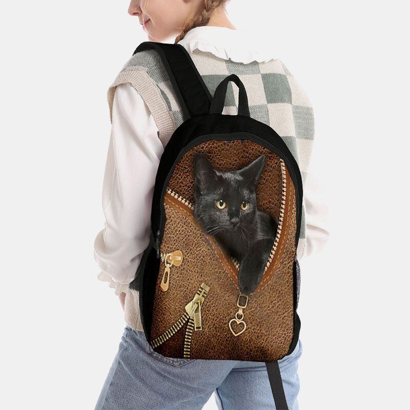 Damen Oxford Patchwork Große Kapazität Cartoon Katze Reißverschluss Muster Druck Rucksack