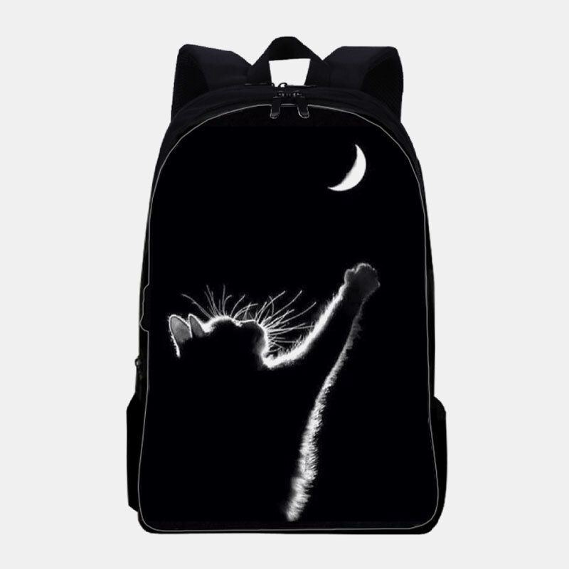 Damen Oxford Stoff Lässige Süße Schwarze Katze Rückansicht Und Monddruck Schultasche Rucksack