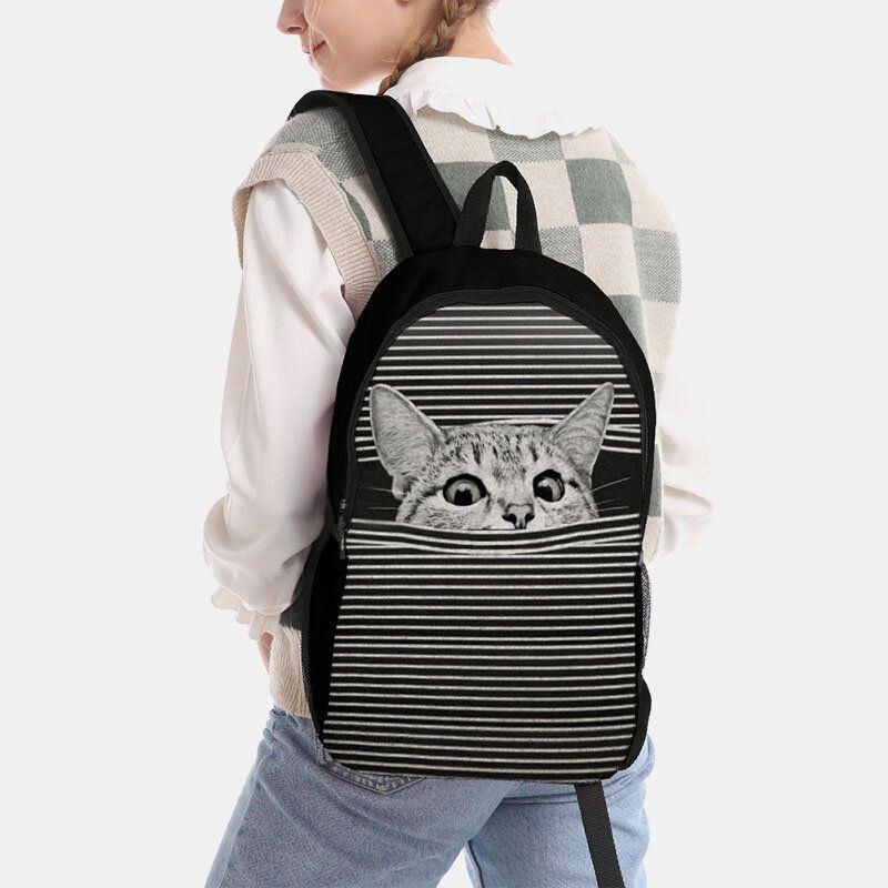 Damen Oxford Tuch Große Kapazität Cartoon Katze Streifen Muster Druck Rucksack