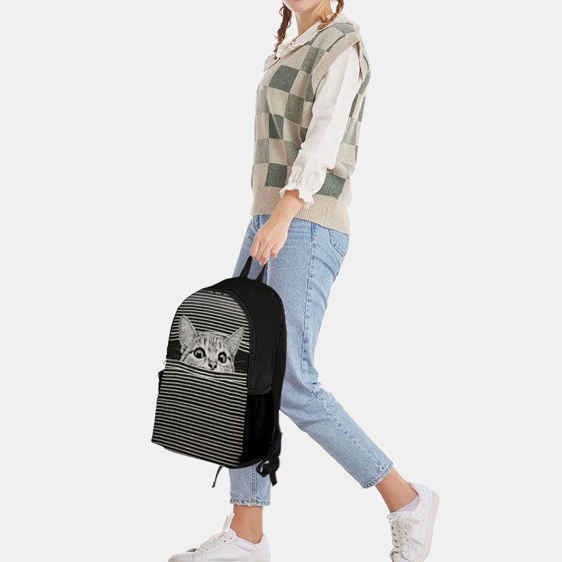 Damen Oxford Tuch Große Kapazität Cartoon Katze Streifen Muster Druck Rucksack