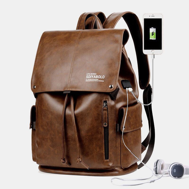 Herren Kunstleder Große Kapazität Wasserdicht 13.3 Zoll Laptoptasche Reisetasche Rucksack Mit Usb Aufladung