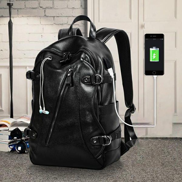 Herren Kunstleder Mode Freizeit Rucksack Usb Lade Reisetasche