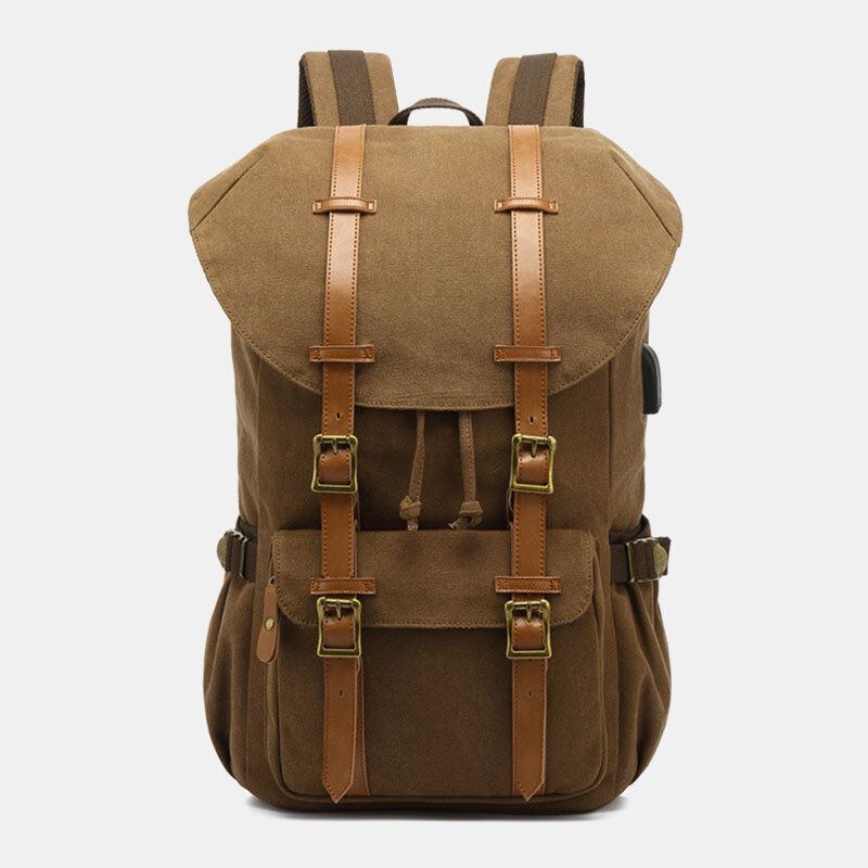 Herren Rucksack Aus Echtem Leder Und Segeltuch Mit Usb Aufladung Retro Reise Outdoor Rucksack Mit Großer Kapazität