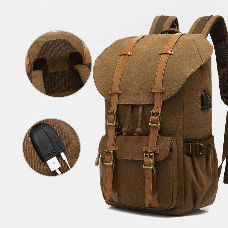 Herren Rucksack Aus Echtem Leder Und Segeltuch Mit Usb Aufladung Retro Reise Outdoor Rucksack Mit Großer Kapazität