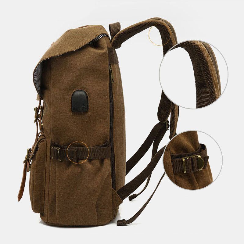 Herren Rucksack Aus Echtem Leder Und Segeltuch Mit Usb Aufladung Retro Reise Outdoor Rucksack Mit Großer Kapazität