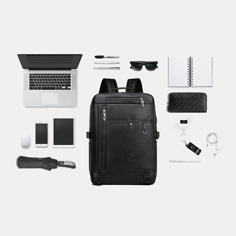 Herren Rucksack Aus Pu Leder Mit Usb Aufladung Modisch Lässig Große Kapazität 15.6 Zoll Laptoptasche