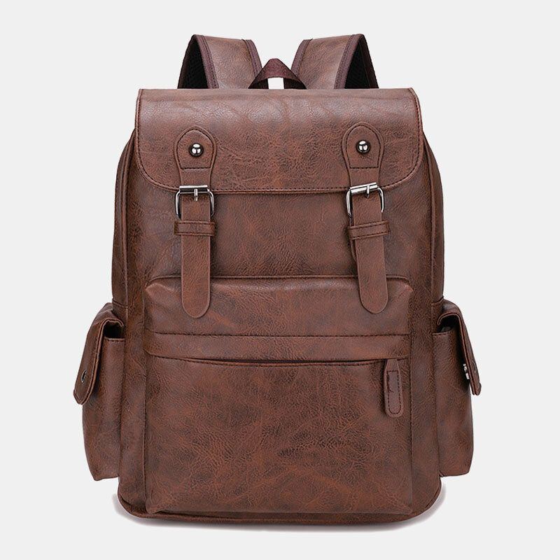 Herren Casual Travel Multi Pocket Große Kapazität Rucksack Solide Retro Verschleißfeste Wasserdichte Pu Weiches Leder 14 Zoll Laptoptasche