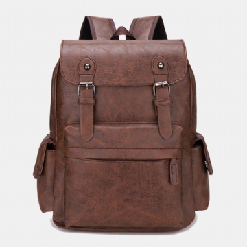 Herren Casual Travel Multi Pocket Große Kapazität Rucksack Solide Retro Verschleißfeste Wasserdichte Pu Weiches Leder 14 Zoll Laptoptasche