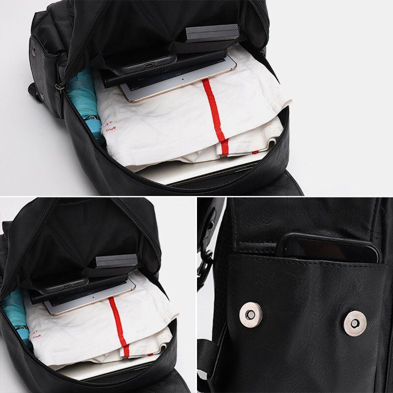 Herren Casual Travel Multi Pocket Große Kapazität Rucksack Solide Retro Verschleißfeste Wasserdichte Pu Weiches Leder 14 Zoll Laptoptasche