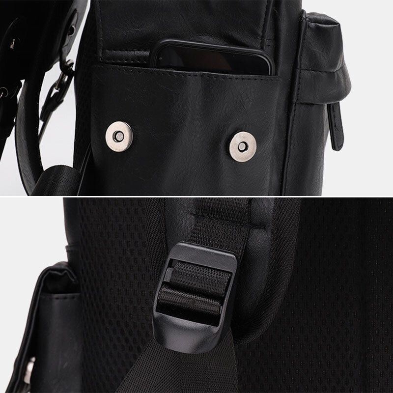 Herren Casual Travel Multi Pocket Große Kapazität Rucksack Solide Retro Verschleißfeste Wasserdichte Pu Weiches Leder 14 Zoll Laptoptasche