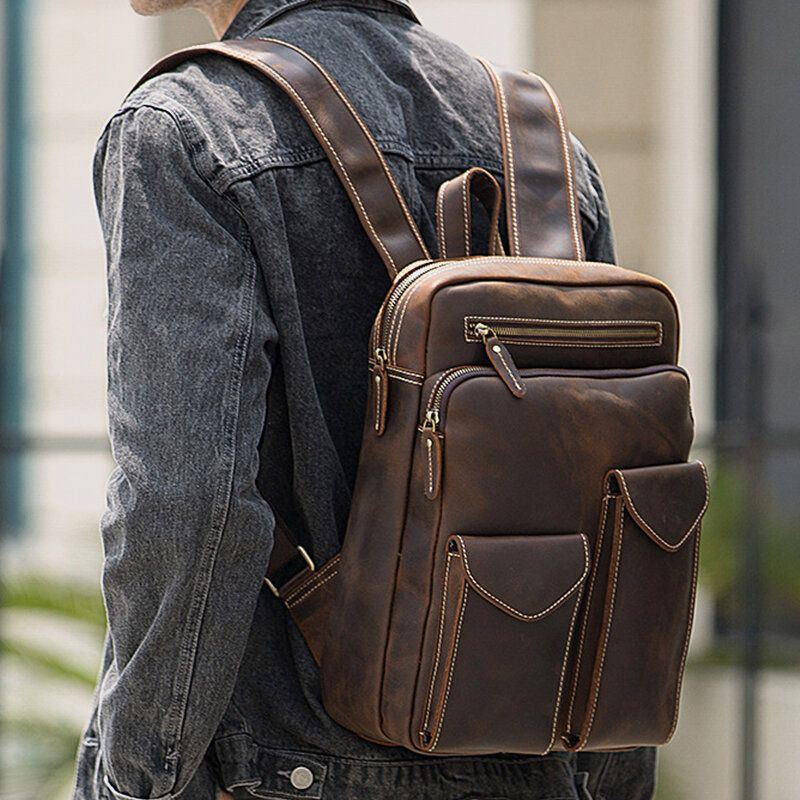 Herren Echtes Leder Große Kapazität Retro Casual Fashion 14 Zoll Laptoptasche Reisetasche Business Rucksack