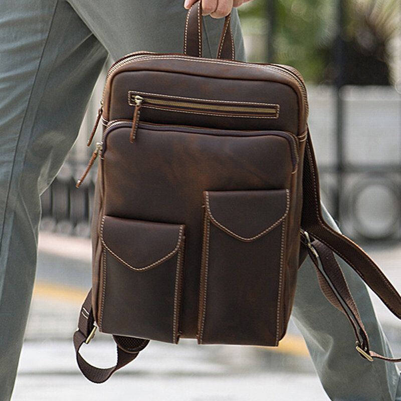 Herren Echtes Leder Große Kapazität Retro Casual Fashion 14 Zoll Laptoptasche Reisetasche Business Rucksack