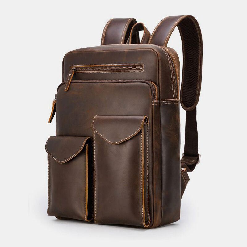 Herren Echtes Leder Große Kapazität Retro Casual Fashion 14 Zoll Laptoptasche Reisetasche Business Rucksack