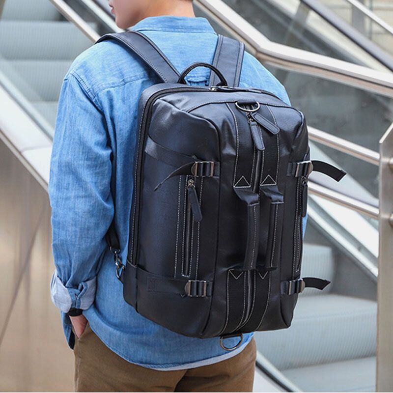 Herren Mehrzweck Pu Leder Rucksack 15.6 Zoll Große Kapazität Multi Pocket Laptop Tasche Handtasche Umhängetaschen