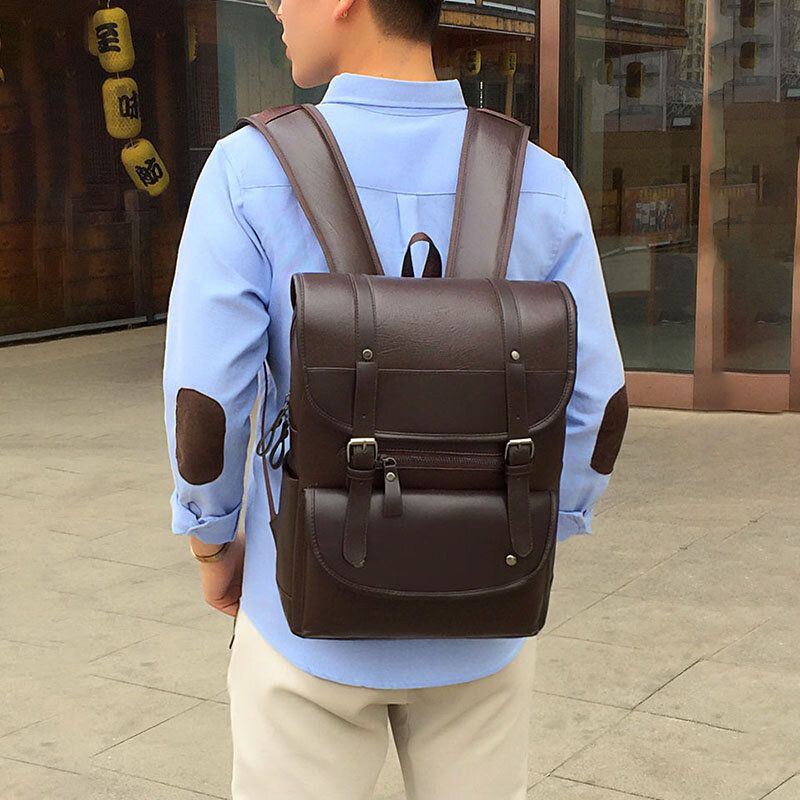 Herren Pu Leder Haspe Große Kapazität Rucksack Wasserdichte 15.6 Zoll Laptoptasche Mit Mehreren Taschen Mode Wilde Reisetasche